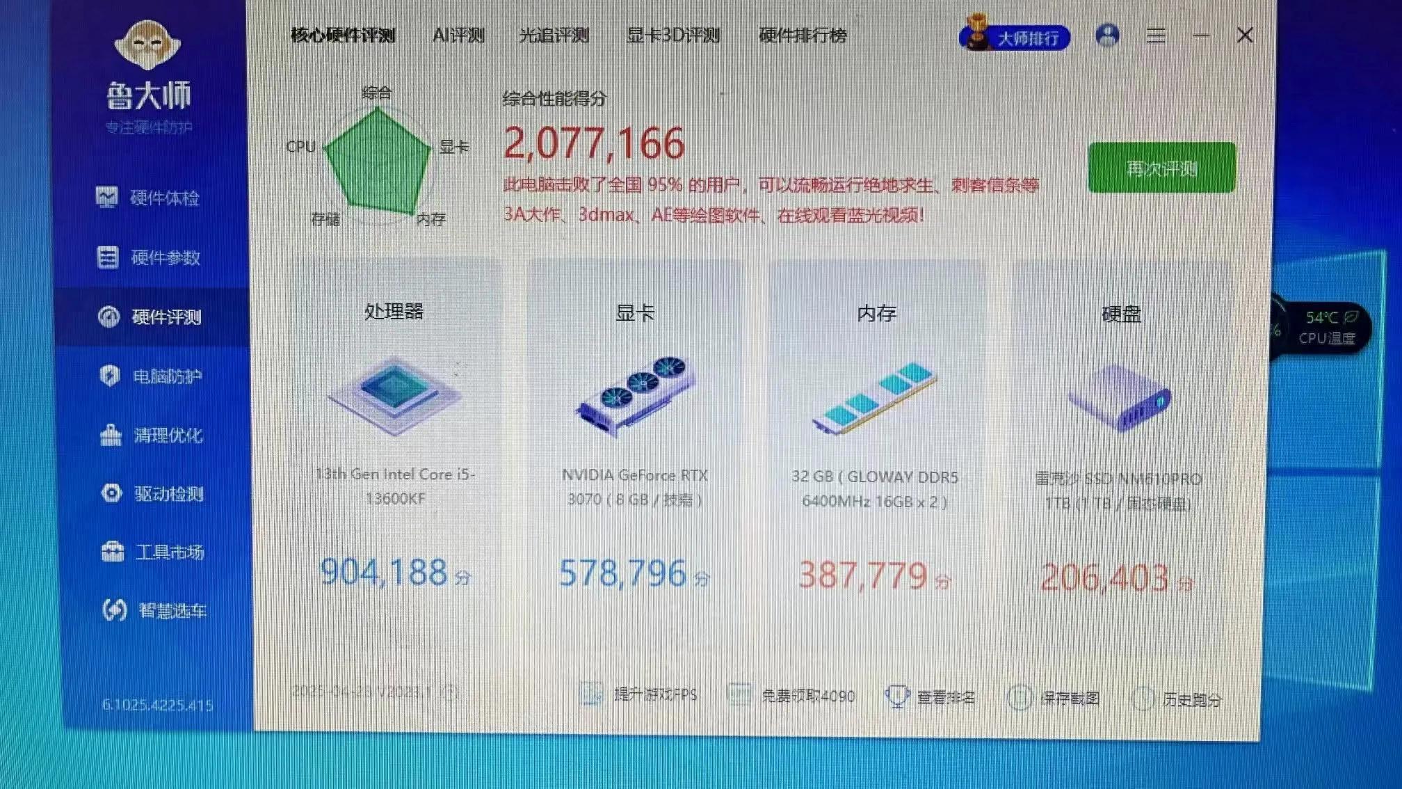 鲁大师测试电脑数据。靠不靠谱